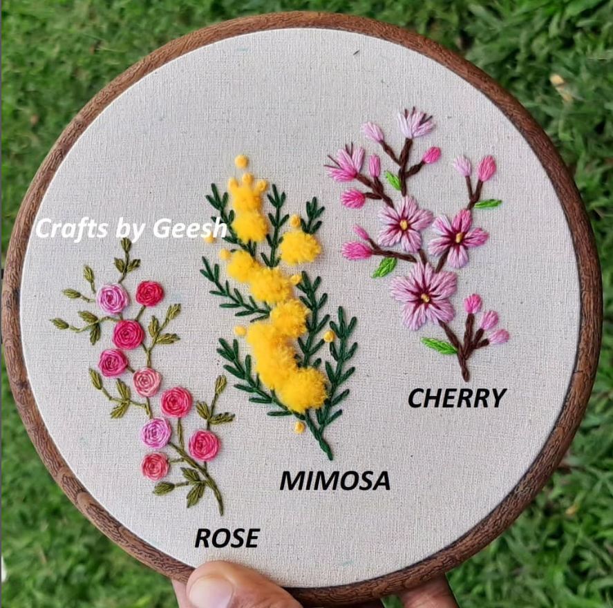 вышивка цветов декоративными швами роза мимоза вишня