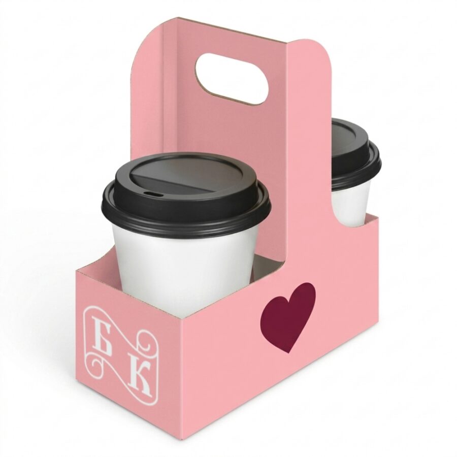 Бокс (держатель) для переноса стаканов из картона с двумя ячейками и ручкой