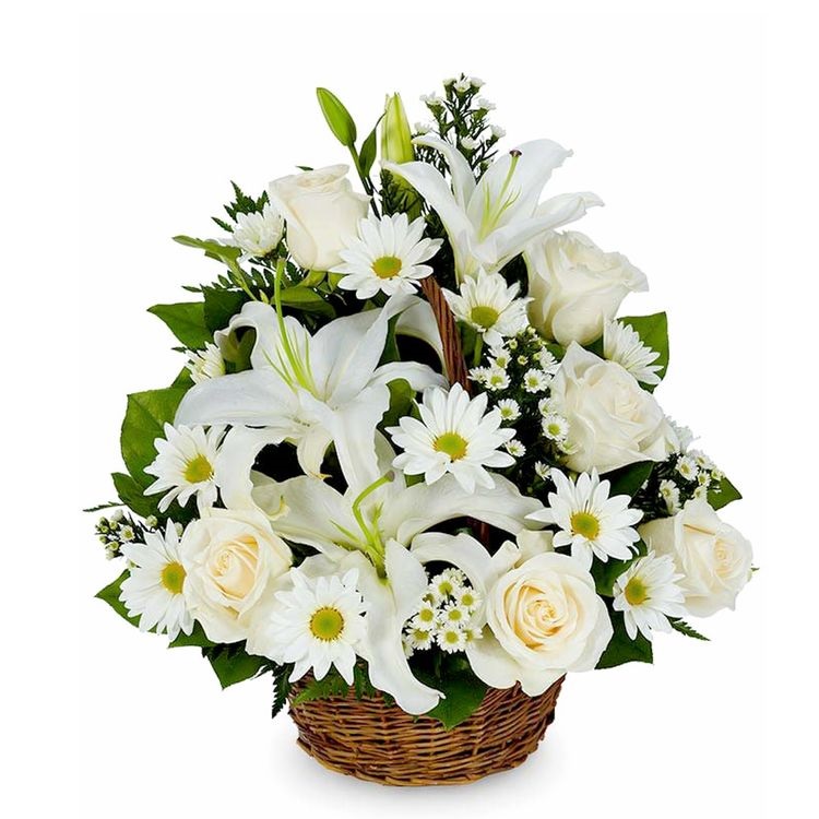 Белый цветочный букет микс: хризантемы, розы, лилии и ромашки